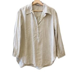 Zara Oversized Tan Pinstripe Popover Blouse